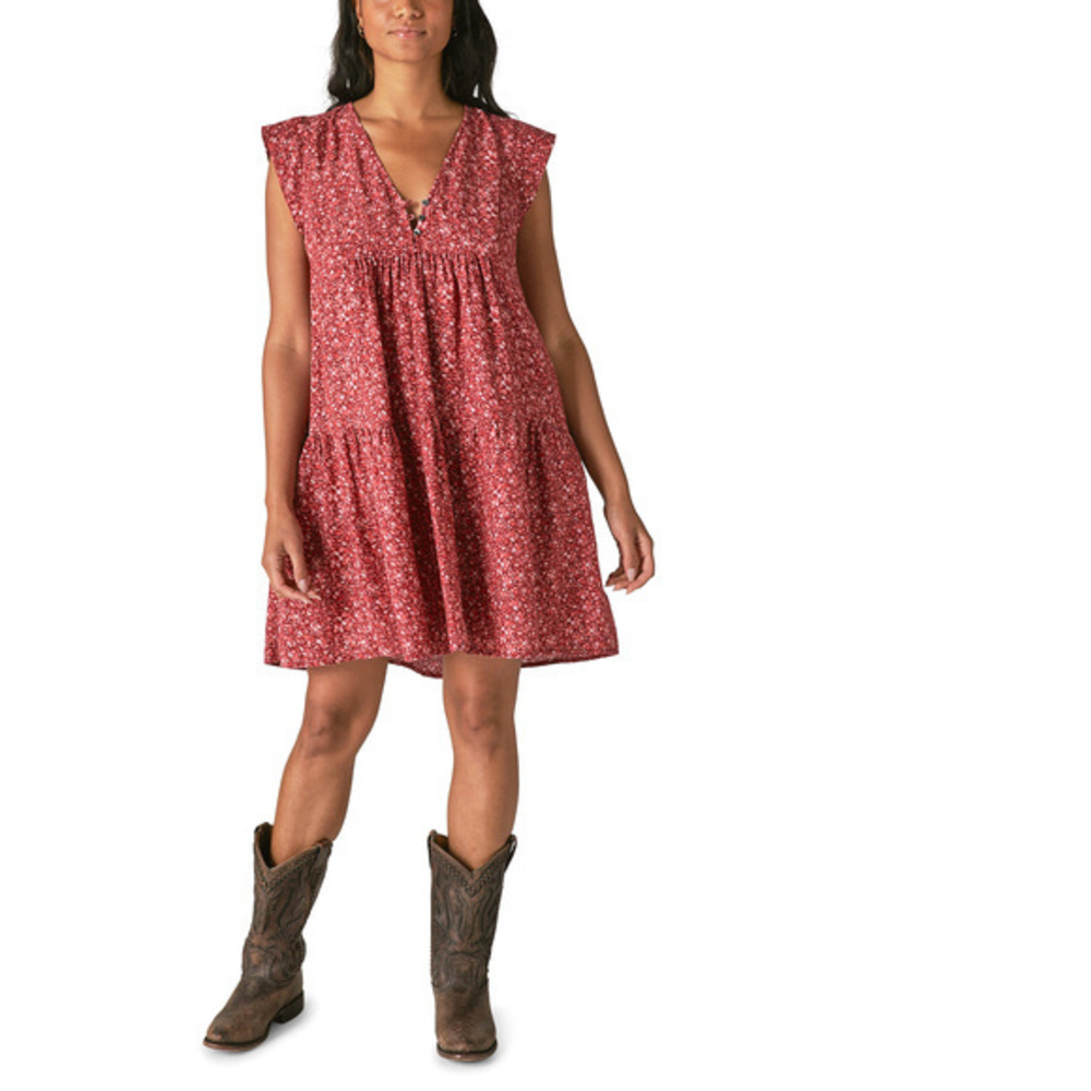 Lucky Brand Printed Peasant Mini Dress - Red Multi